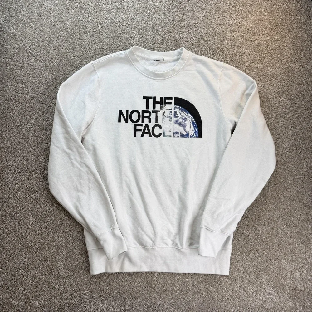 The North Face Sweatshirt Mens Large White Fleece Pullover Earth Logo Crewneck